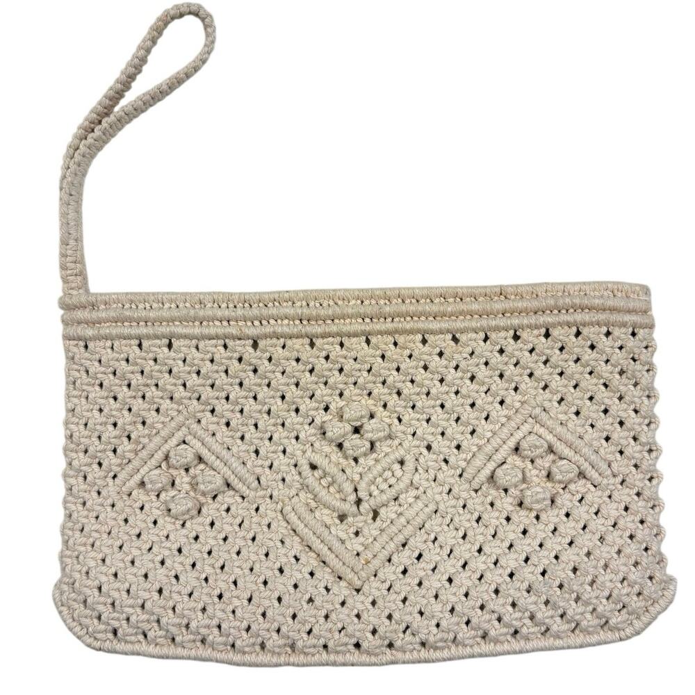 Vintage Macramé Clutch Handbag Cream Wristlet Boho Chic 1970s